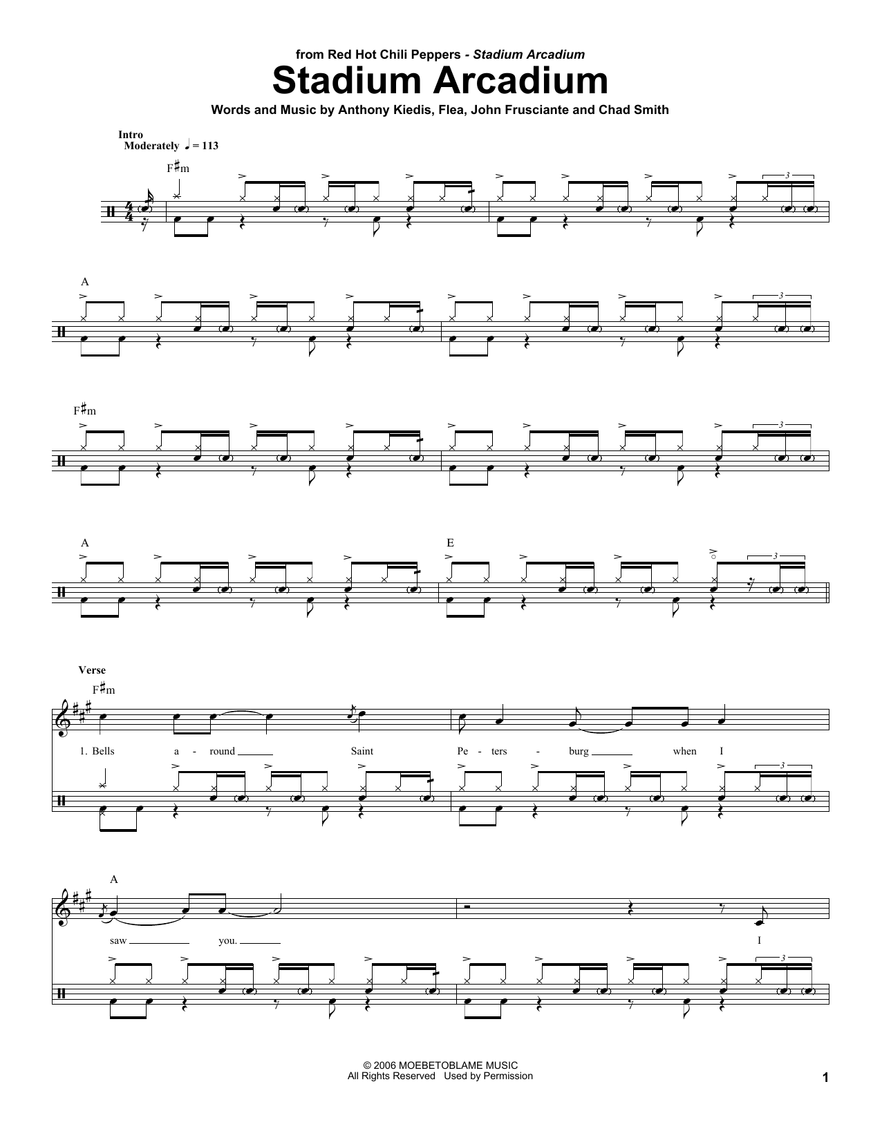Download Red Hot Chili Peppers Stadium Arcadium Sheet Music and learn how to play Drums Transcription PDF digital score in minutes