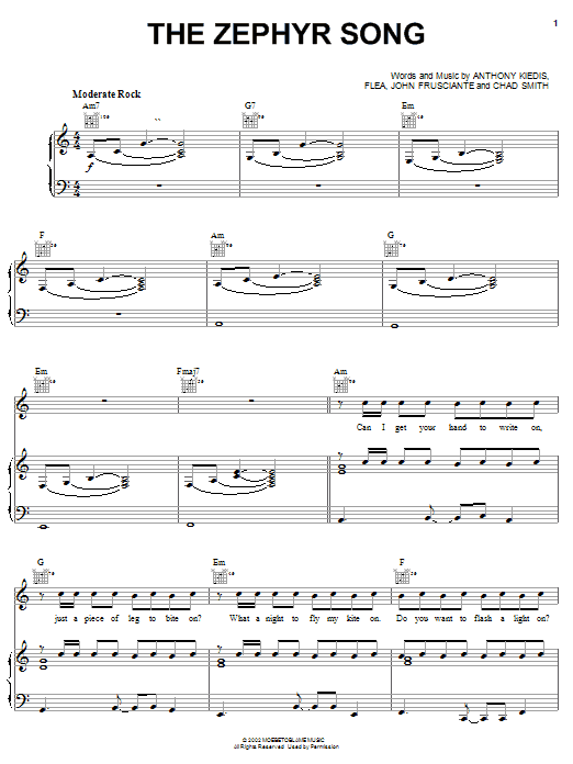 Download Red Hot Chili Peppers The Zephyr Song Sheet Music and learn how to play Piano, Vocal & Guitar (Right-Hand Melody) PDF digital score in minutes