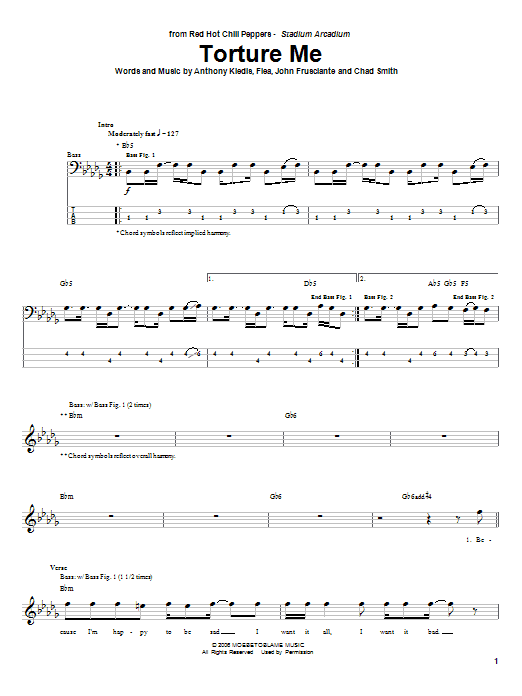 Download Red Hot Chili Peppers Torture Me Sheet Music and learn how to play Bass Guitar Tab PDF digital score in minutes