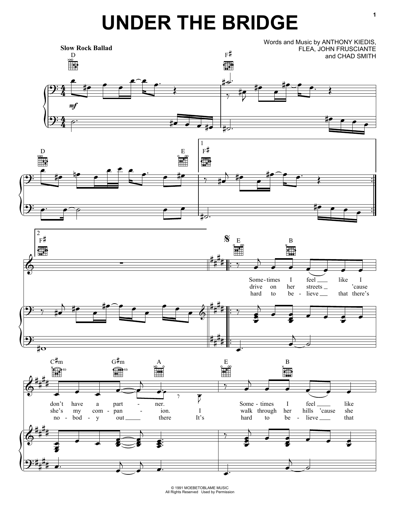 Download Red Hot Chili Peppers Under The Bridge Sheet Music and learn how to play Really Easy Guitar PDF digital score in minutes