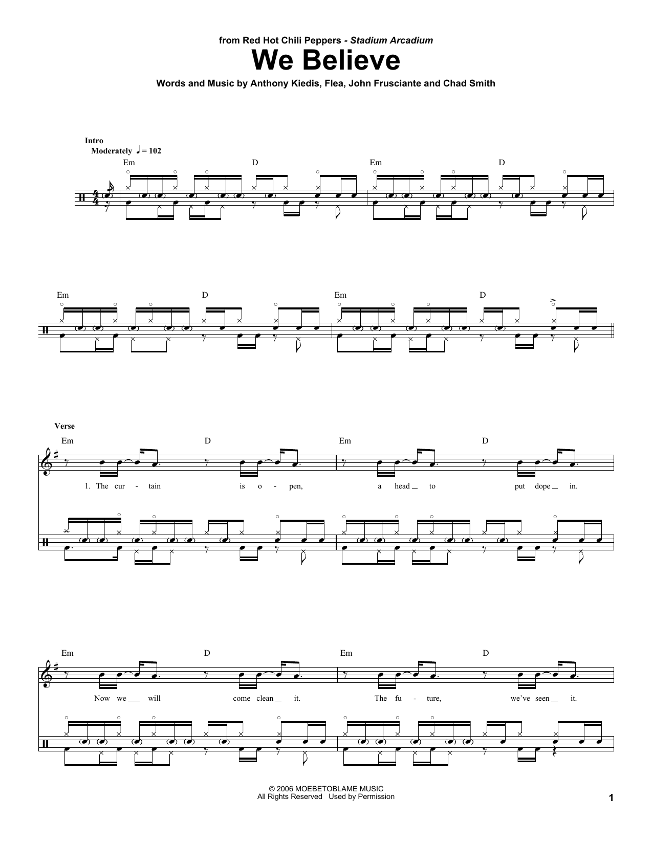 Download Red Hot Chili Peppers We Believe Sheet Music and learn how to play Drums Transcription PDF digital score in minutes