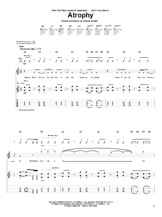 Download The Red Jumpsuit Apparatus Atrophy Sheet Music and learn how to play Guitar Tab PDF digital score in minutes