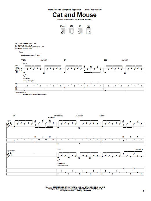 Download The Red Jumpsuit Apparatus Cat And Mouse Sheet Music and learn how to play Guitar Tab PDF digital score in minutes