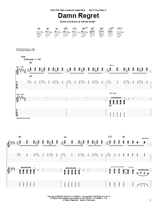 Download The Red Jumpsuit Apparatus Damn Regret Sheet Music and learn how to play Guitar Tab PDF digital score in minutes