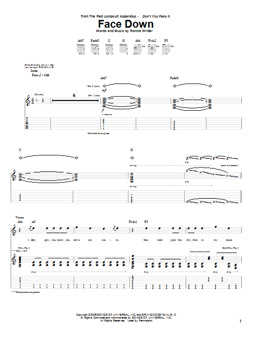 Download The Red Jumpsuit Apparatus Face Down Sheet Music and learn how to play Guitar Lead Sheet PDF digital score in minutes