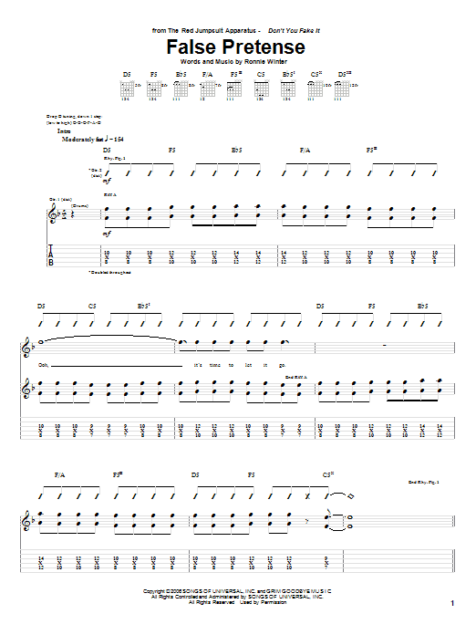 Download The Red Jumpsuit Apparatus False Pretense Sheet Music and learn how to play Guitar Tab PDF digital score in minutes