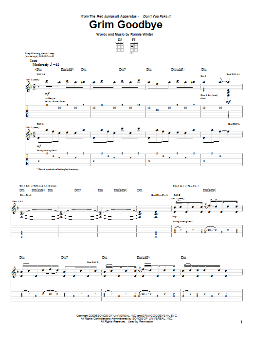 Download The Red Jumpsuit Apparatus Grim Goodbye Sheet Music and learn how to play Guitar Tab PDF digital score in minutes