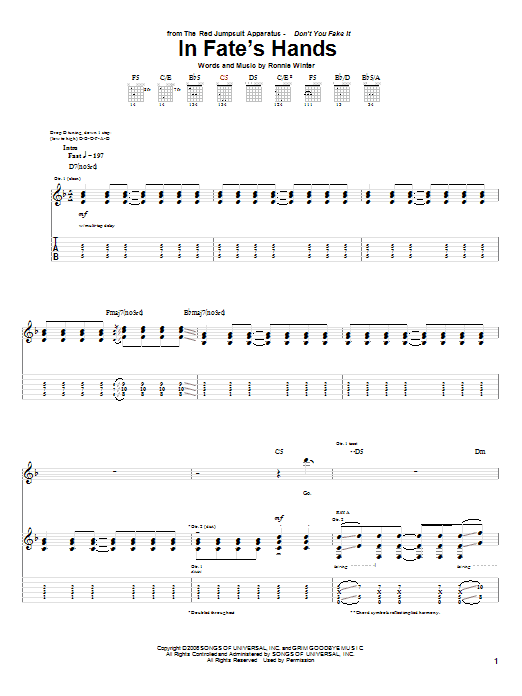 Download The Red Jumpsuit Apparatus In Fate's Hands Sheet Music and learn how to play Guitar Tab PDF digital score in minutes