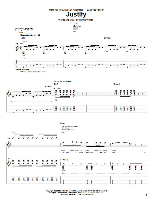 Download The Red Jumpsuit Apparatus Justify Sheet Music and learn how to play Guitar Tab PDF digital score in minutes