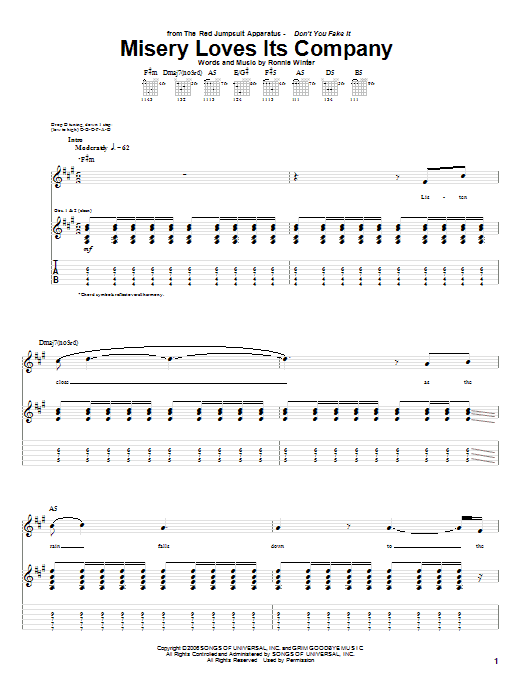 Download The Red Jumpsuit Apparatus Misery Loves Its Company Sheet Music and learn how to play Guitar Tab PDF digital score in minutes