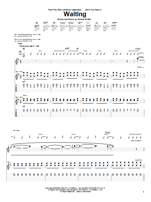 Download The Red Jumpsuit Apparatus Waiting Sheet Music and learn how to play Guitar Tab PDF digital score in minutes