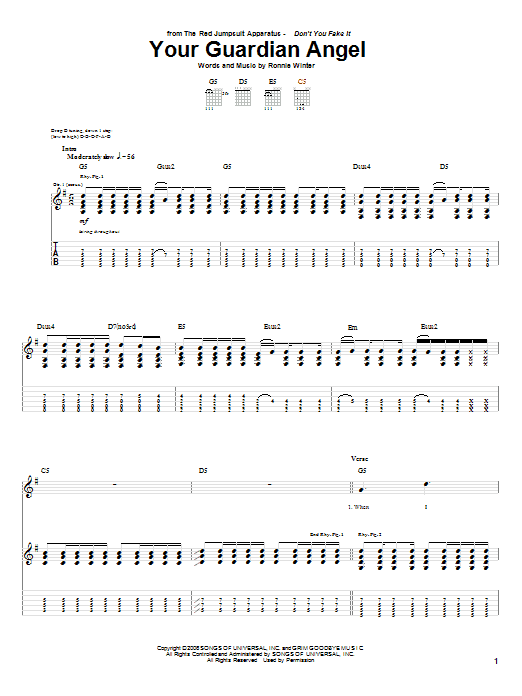 Download The Red Jumpsuit Apparatus Your Guardian Angel Sheet Music and learn how to play Guitar Tab PDF digital score in minutes