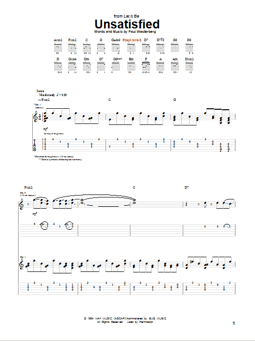 Download The Replacements Unsatisfied Sheet Music and learn how to play Guitar Tab PDF digital score in minutes