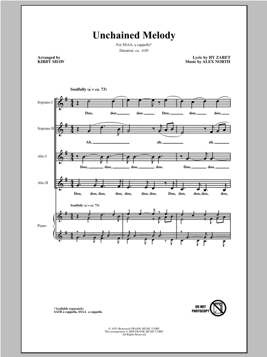 Download The Righteous Brothers Unchained Melody (arr. Kirby Shaw) Sheet Music and learn how to play SSA PDF digital score in minutes