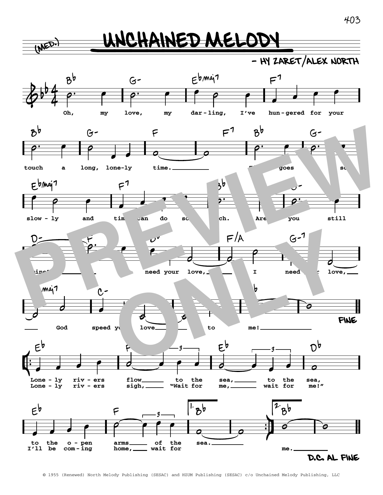 Download The Righteous Brothers Unchained Melody (High Voice) Sheet Music and learn how to play Real Book – Melody, Lyrics & Chords PDF digital score in minutes