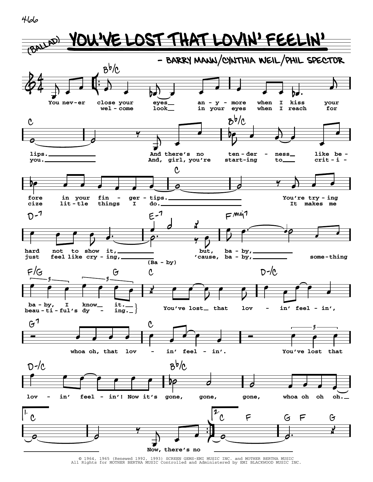 Download The Righteous Brothers You've Lost That Lovin' Feelin' (Low Voice) Sheet Music and learn how to play Real Book – Melody, Lyrics & Chords PDF digital score in minutes
