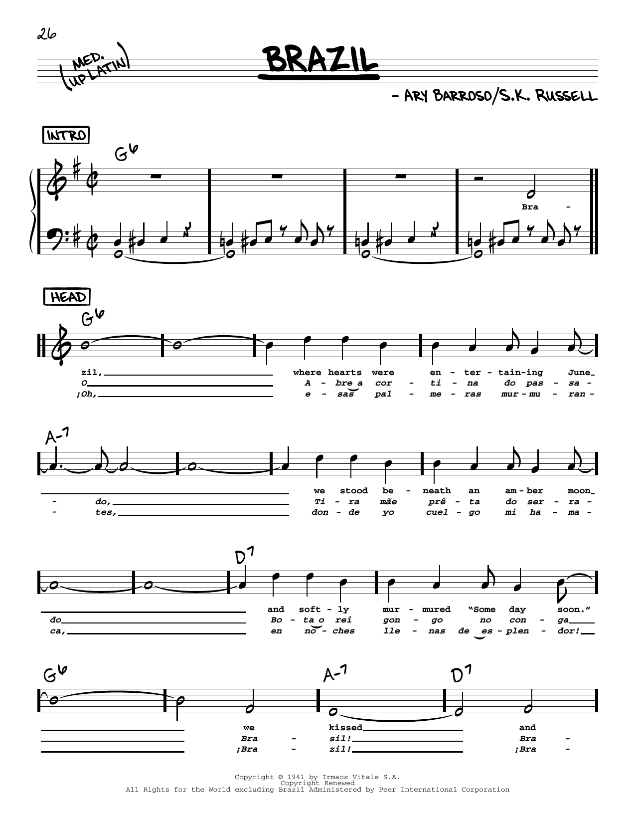 Download The Ritchie Family Brazil (High Voice) Sheet Music and learn how to play Real Book – Melody, Lyrics & Chords PDF digital score in minutes