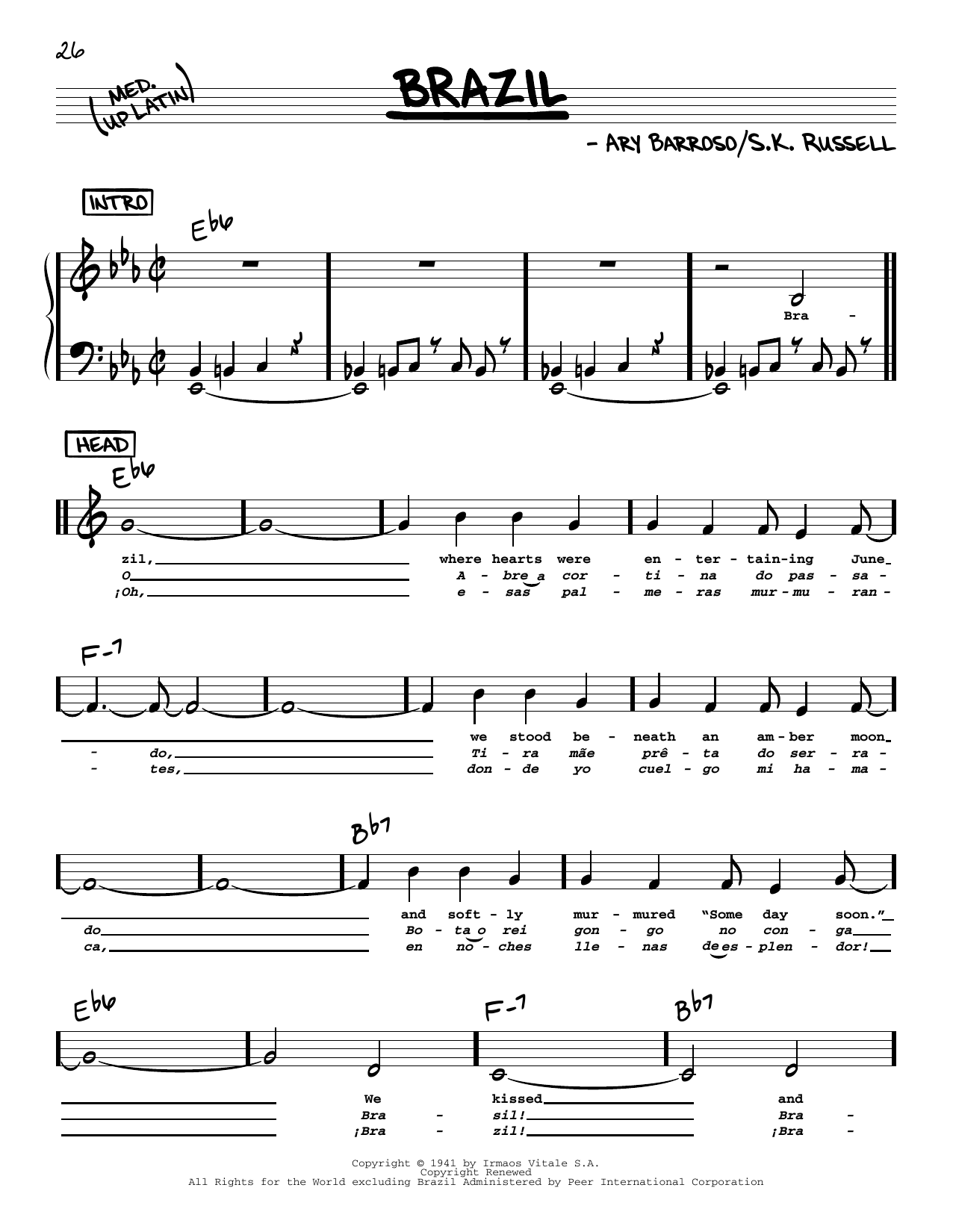 Download The Ritchie Family Brazil (Low Voice) Sheet Music and learn how to play Real Book – Melody, Lyrics & Chords PDF digital score in minutes