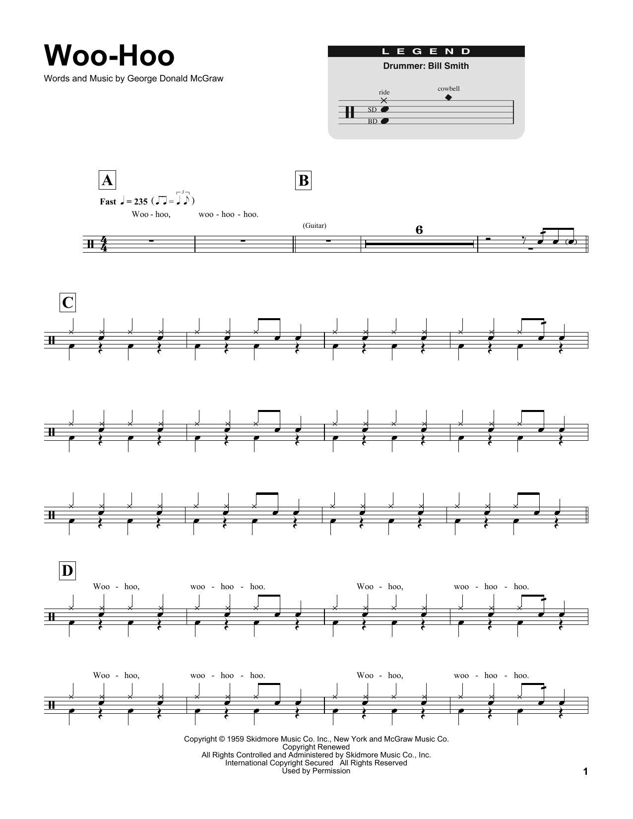 Download The Rock-A-Teens Woo-Hoo Sheet Music and learn how to play Drums Transcription PDF digital score in minutes