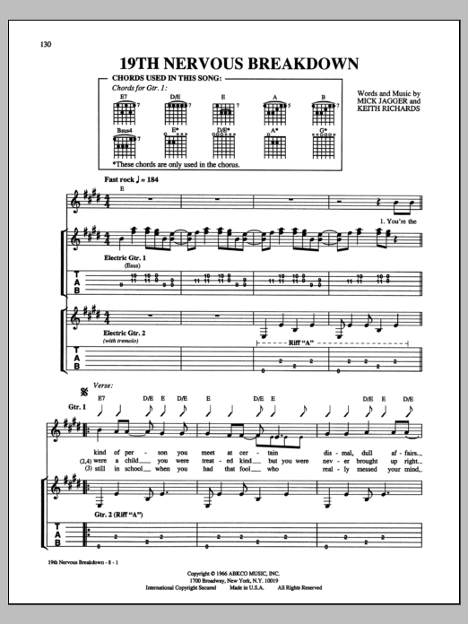 Download The Rolling Stones 19th Nervous Breakdown Sheet Music and learn how to play Guitar Chords/Lyrics PDF digital score in minutes