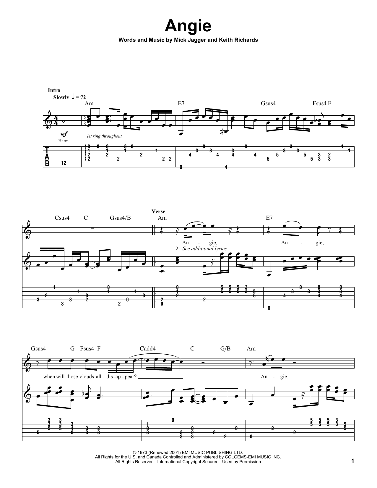 Download The Rolling Stones Angie Sheet Music and learn how to play Guitar PDF digital score in minutes