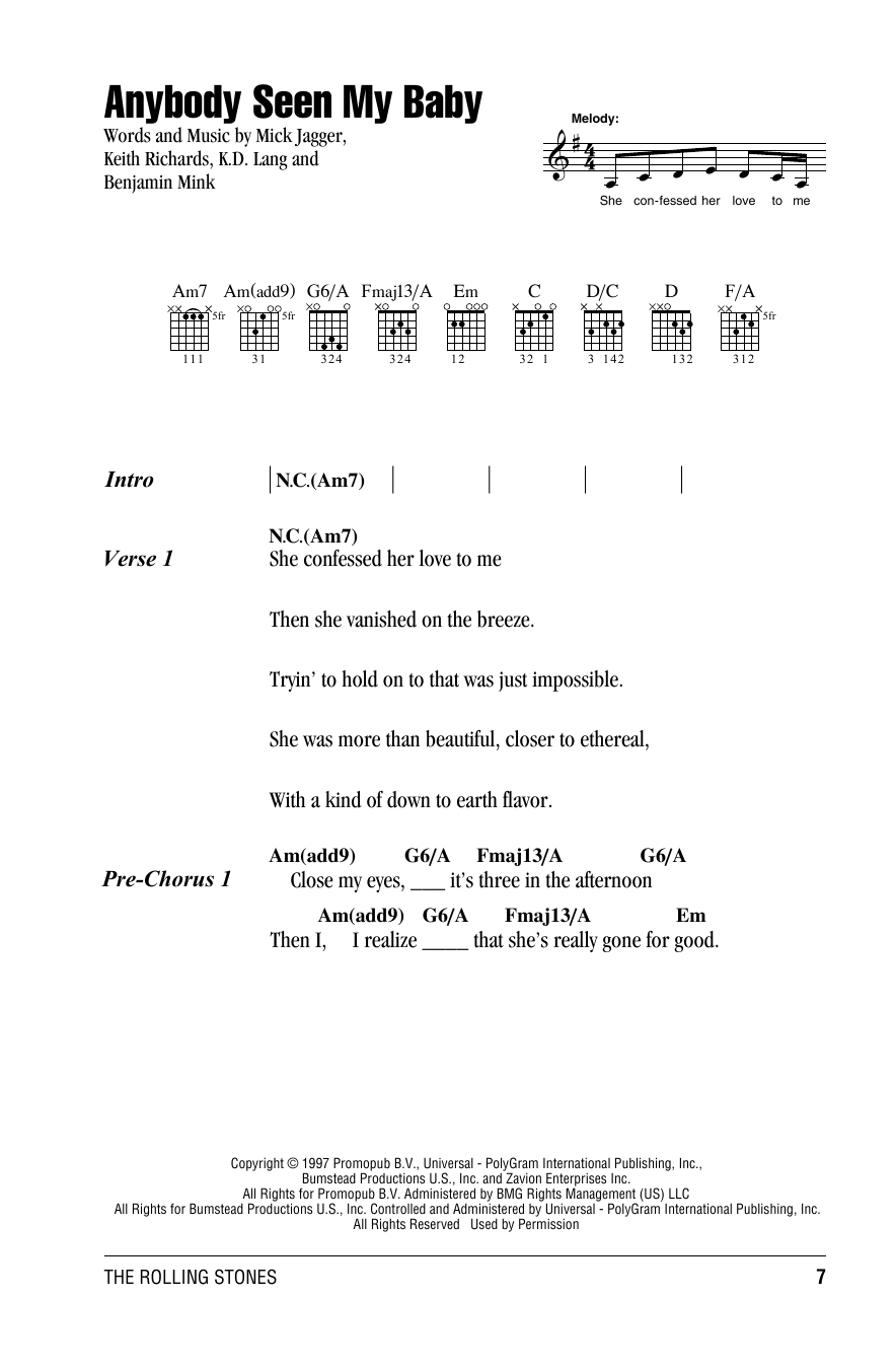 Download The Rolling Stones Anybody Seen My Baby Sheet Music and learn how to play Lyrics & Chords PDF digital score in minutes