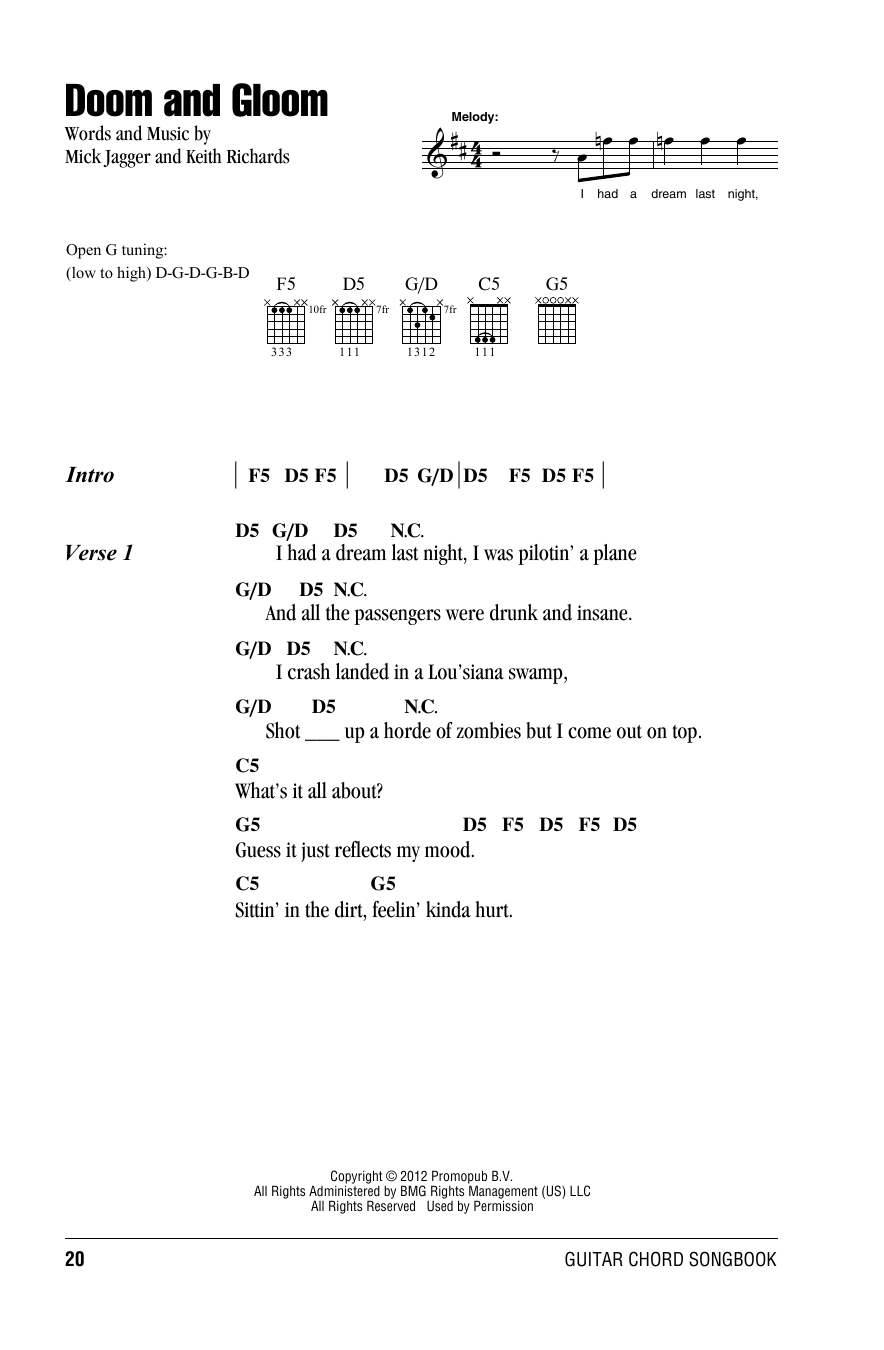 Download The Rolling Stones Doom And Gloom Sheet Music and learn how to play Lyrics & Chords PDF digital score in minutes