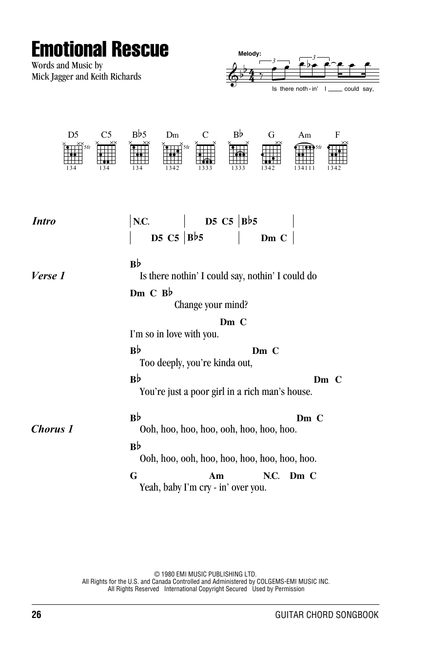 Download The Rolling Stones Emotional Rescue Sheet Music and learn how to play Easy Guitar Tab PDF digital score in minutes