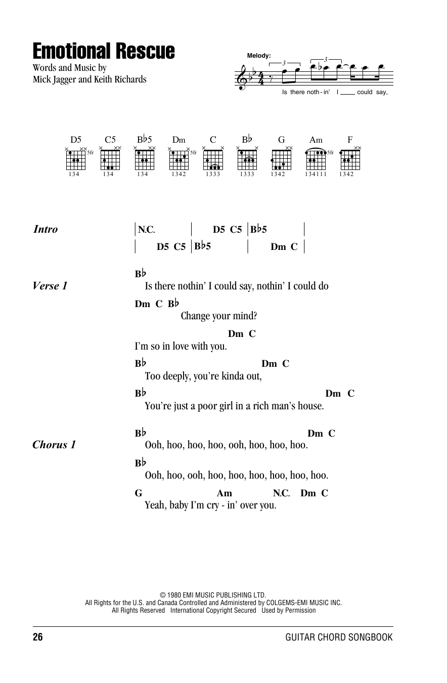 Download The Rolling Stones Emotional Rescue Sheet Music and learn how to play Piano, Vocal & Guitar (Right-Hand Melody) PDF digital score in minutes