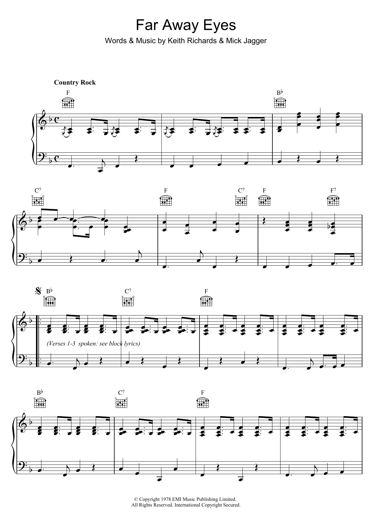 Download The Rolling Stones Far Away Eyes Sheet Music and learn how to play Piano, Vocal & Guitar (Right-Hand Melody) PDF digital score in minutes