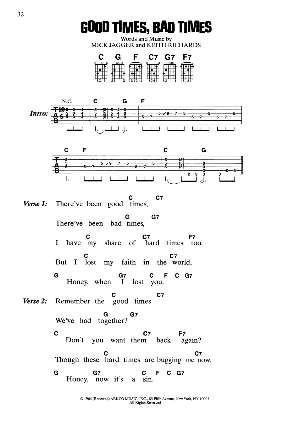 Download The Rolling Stones Good Times, Bad Times Sheet Music and learn how to play Guitar Chords/Lyrics PDF digital score in minutes