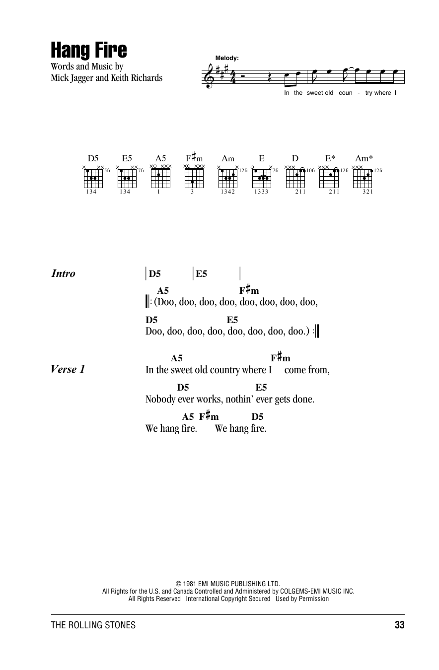 Download The Rolling Stones Hang Fire Sheet Music and learn how to play Piano, Vocal & Guitar (Right-Hand Melody) PDF digital score in minutes