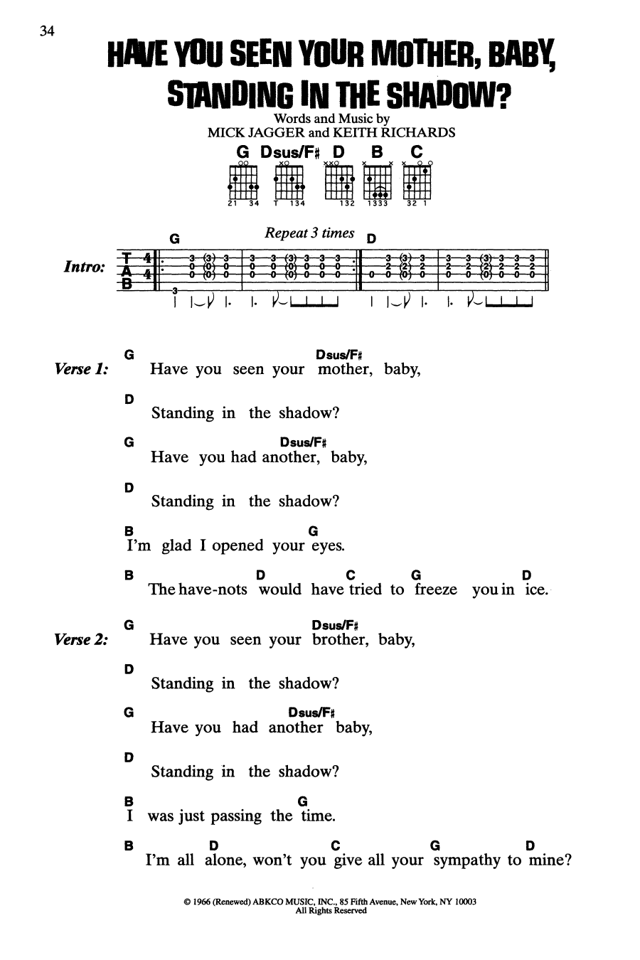 Download The Rolling Stones Have You Seen Your Mother, Baby, Standing In The Shadow? Sheet Music and learn how to play Guitar Chords/Lyrics PDF digital score in minutes