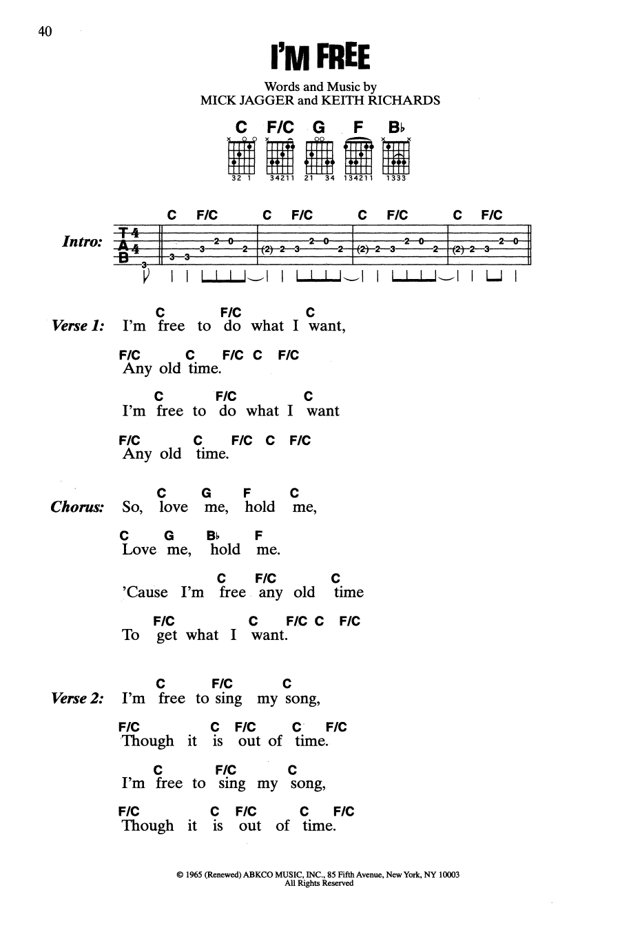 Download The Rolling Stones I'm Free Sheet Music and learn how to play Guitar Chords/Lyrics PDF digital score in minutes