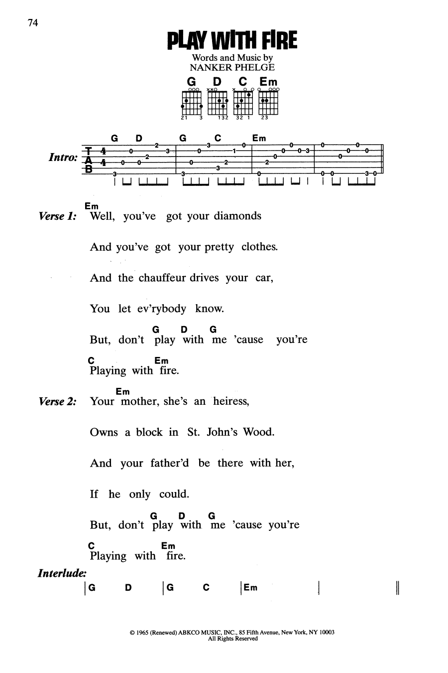 Download The Rolling Stones Play With Fire Sheet Music and learn how to play Guitar Chords/Lyrics PDF digital score in minutes