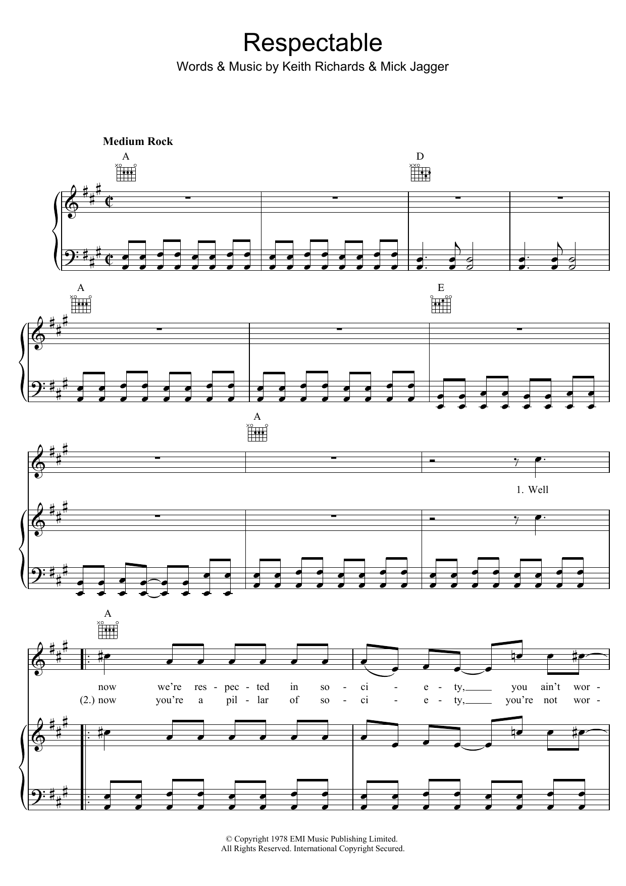 Download The Rolling Stones Respectable Sheet Music and learn how to play Piano, Vocal & Guitar (Right-Hand Melody) PDF digital score in minutes