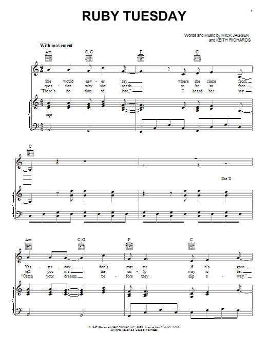 Download The Rolling Stones Ruby Tuesday Sheet Music and learn how to play Piano, Vocal & Guitar (Right-Hand Melody) PDF digital score in minutes