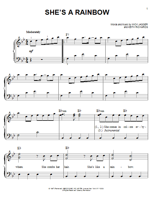 Download The Rolling Stones She's A Rainbow Sheet Music and learn how to play Piano, Vocal & Guitar (Right-Hand Melody) PDF digital score in minutes