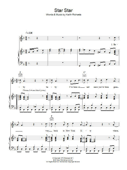 Download The Rolling Stones Star Star Sheet Music and learn how to play Piano, Vocal & Guitar (Right-Hand Melody) PDF digital score in minutes