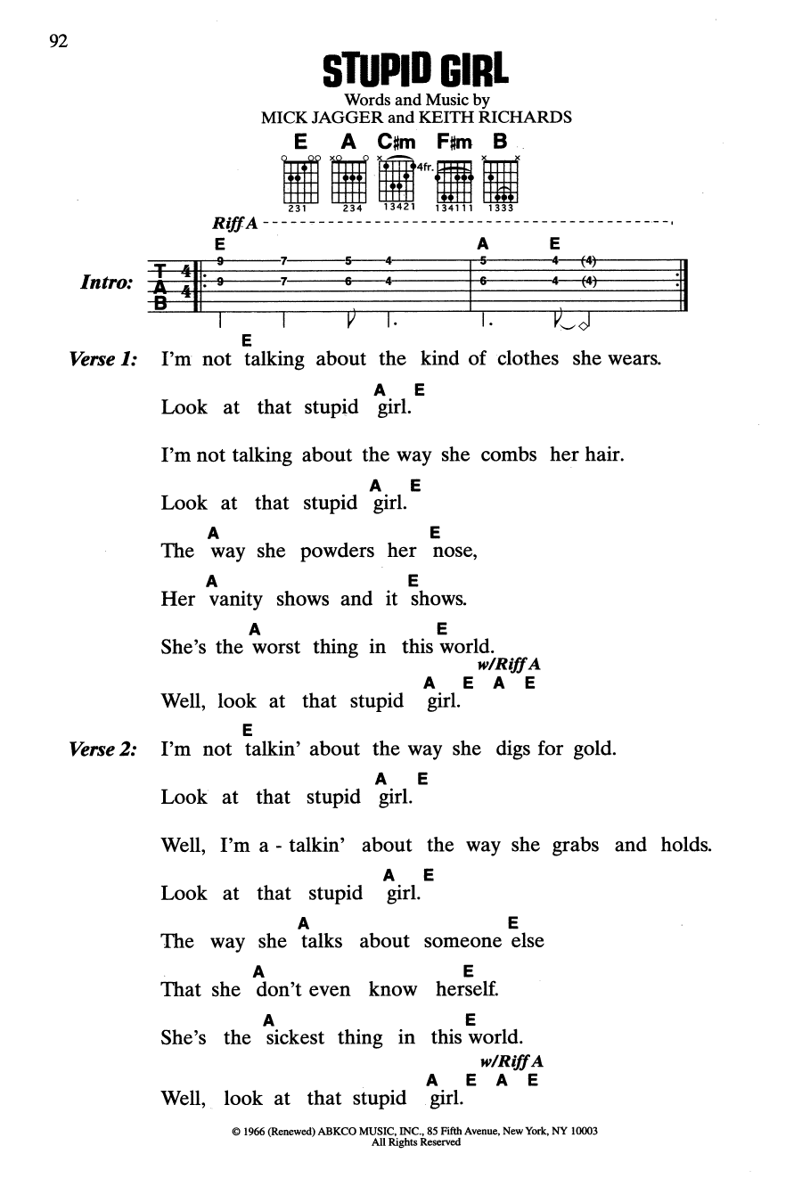 Download The Rolling Stones Stupid Girl Sheet Music and learn how to play Guitar Chords/Lyrics PDF digital score in minutes