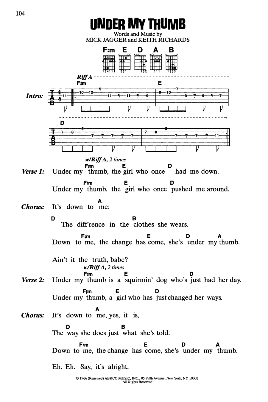 Download The Rolling Stones Under My Thumb Sheet Music and learn how to play Guitar Chords/Lyrics PDF digital score in minutes