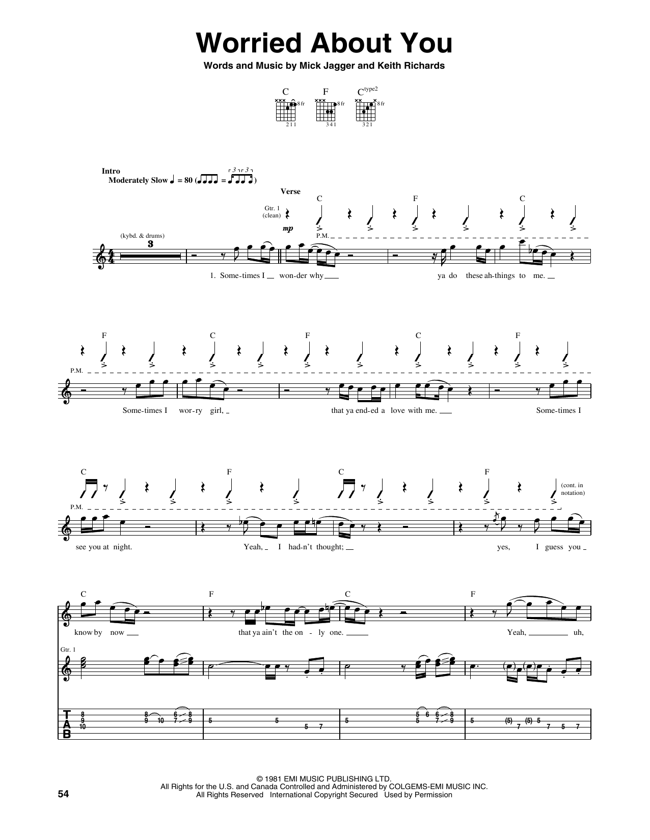 Download The Rolling Stones Worried About You Sheet Music and learn how to play Guitar Tab PDF digital score in minutes