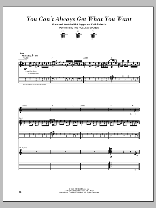 Download The Rolling Stones You Can't Always Get What You Want Sheet Music and learn how to play Guitar Tab PDF digital score in minutes