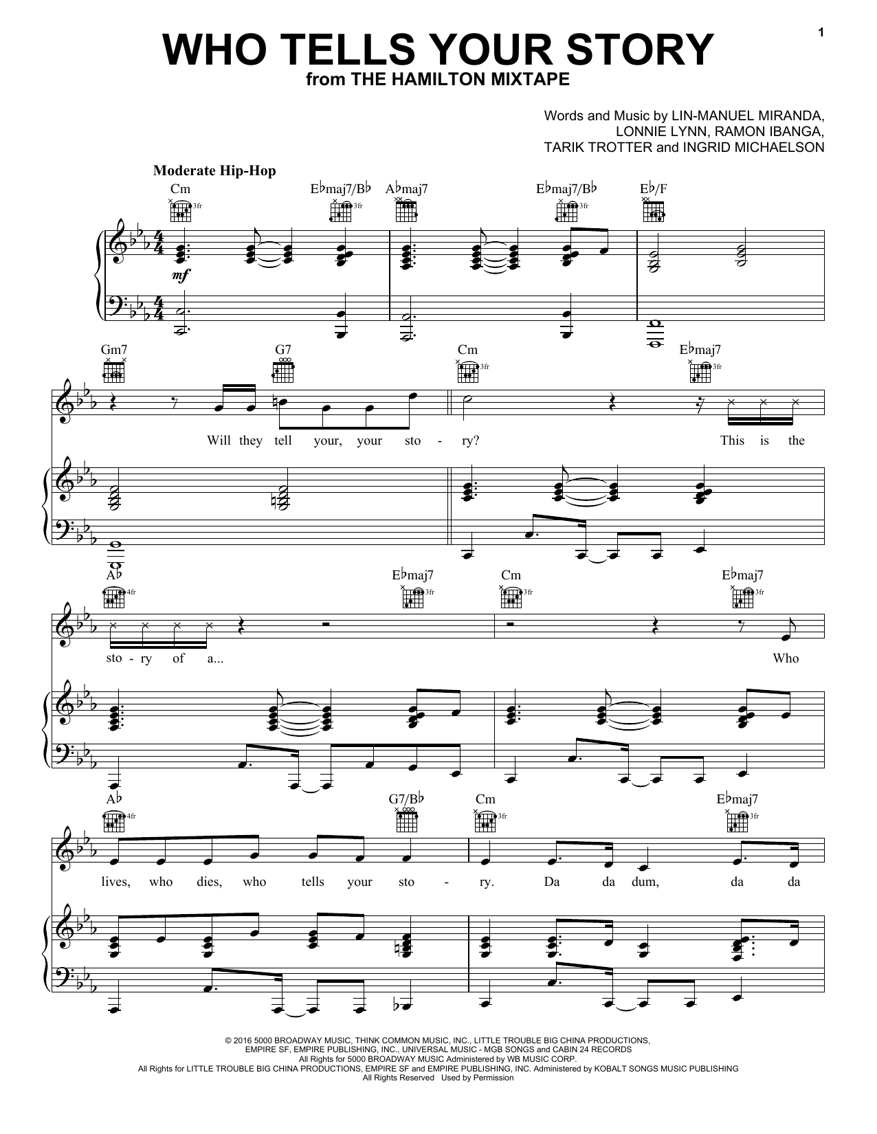 Download Lin-Manuel Miranda Who Tells Your Story Sheet Music and learn how to play Piano, Vocal & Guitar (Right-Hand Melody) PDF digital score in minutes