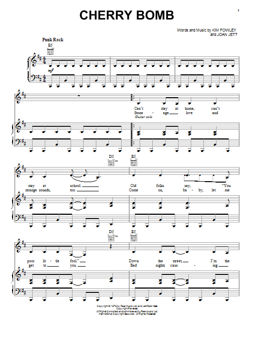 Download The Runaways Cherry Bomb Sheet Music and learn how to play Piano, Vocal & Guitar (Right-Hand Melody) PDF digital score in minutes