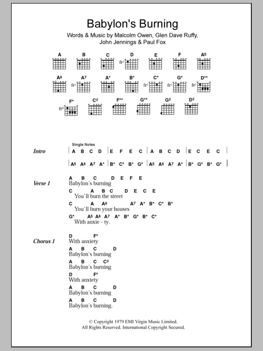 Download The Ruts Babylon's Burning Sheet Music and learn how to play Lyrics & Chords PDF digital score in minutes