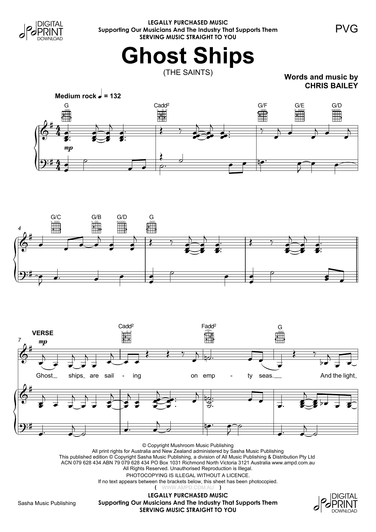 Download The Saints Ghost Ships Sheet Music and learn how to play Piano, Vocal & Guitar (Right-Hand Melody) PDF digital score in minutes