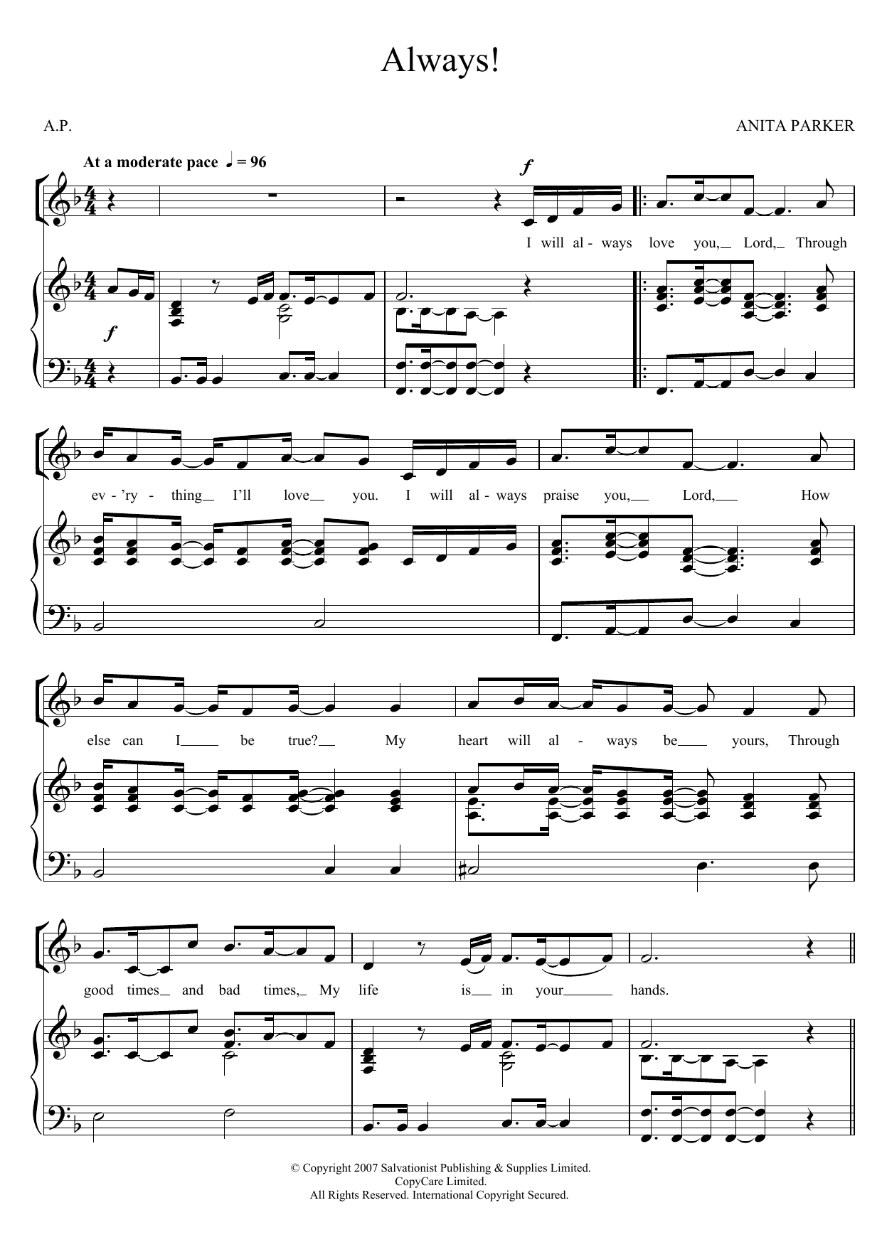 Download The Salvation Army Always! Sheet Music and learn how to play Unison Voice PDF digital score in minutes