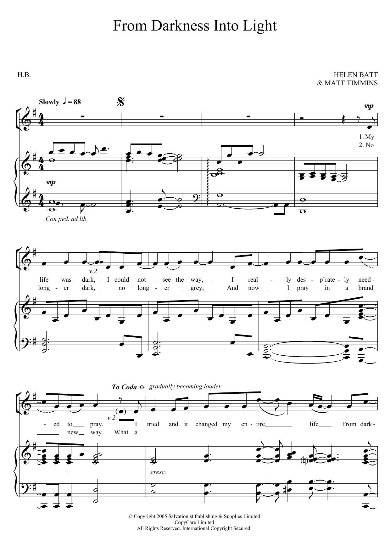 Download The Salvation Army From Darkness Into Light Sheet Music and learn how to play Unison Voice PDF digital score in minutes