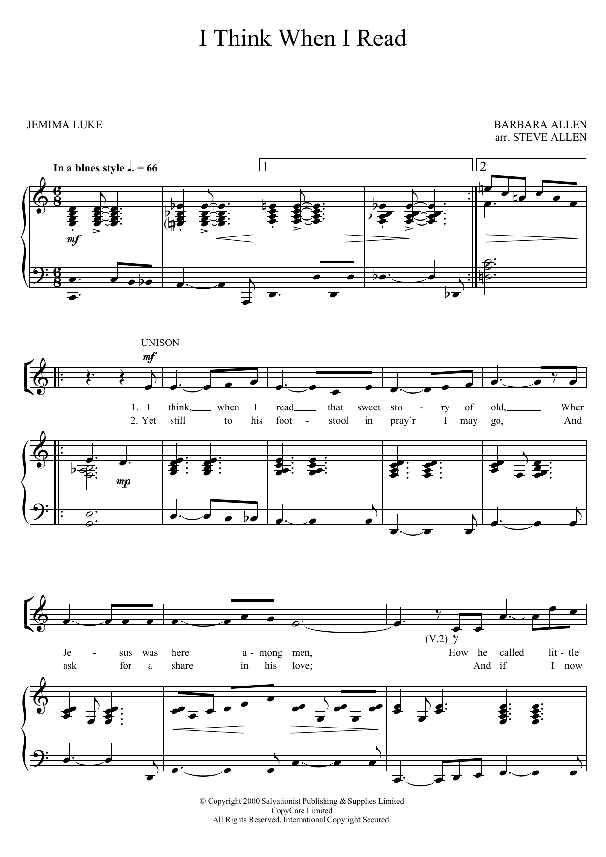 Download The Salvation Army I Think When I Read Sheet Music and learn how to play Unison Voice PDF digital score in minutes